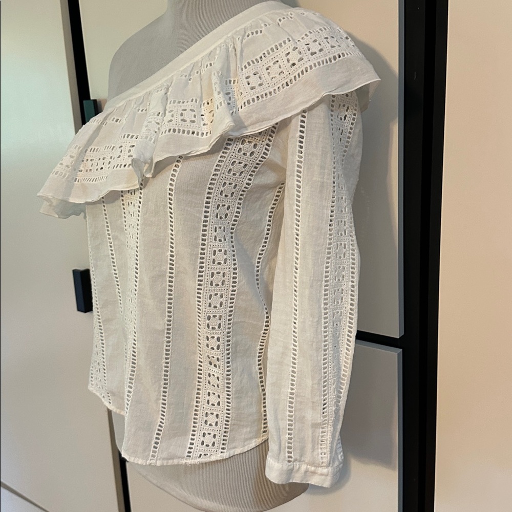 Veronica Beard Cruz Eyelet One Shoulder Top Ruffle White Blouse - Picture 3 of 10